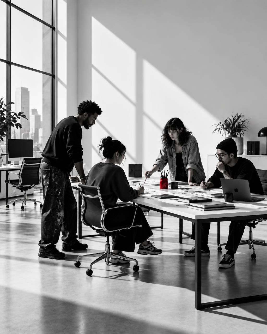 Business professionals in a high-contrast minimalist office