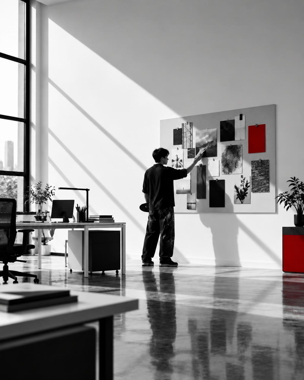 Artist pinning work to a mood board in a bright minimalist office