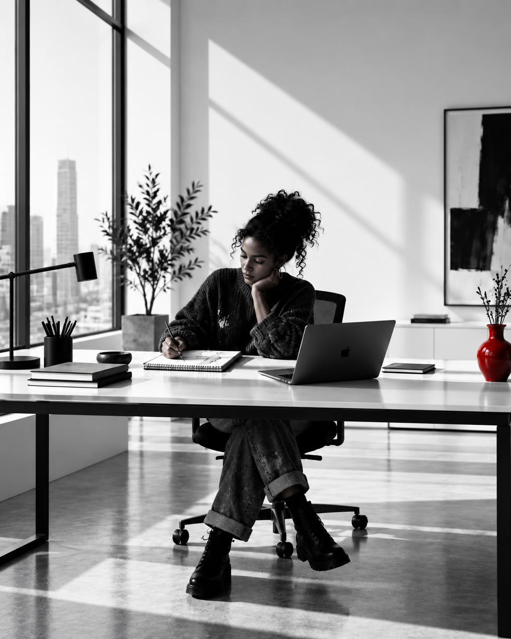 Creative professional working at a desk in a minimalist office